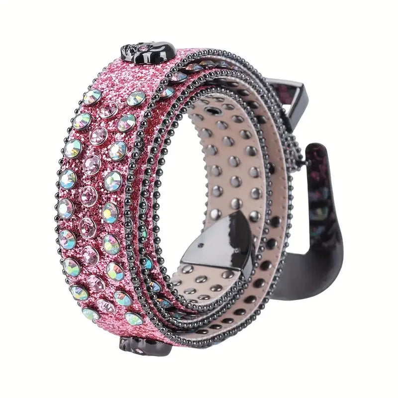 Fashion Rhinestone Skull Belt for Women Crystal Encrusted Jeans Decoration Pink Luxury Designer Diamond Bb Belt